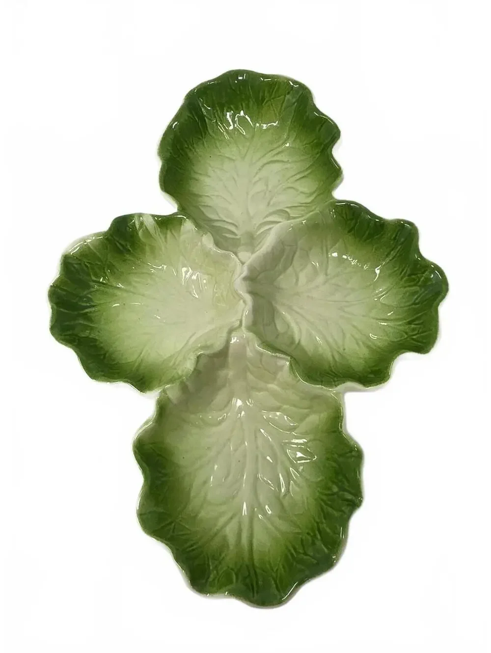 Vintage Made in USA Green Cabbage Leaf 4-Part Relish Serving Tray